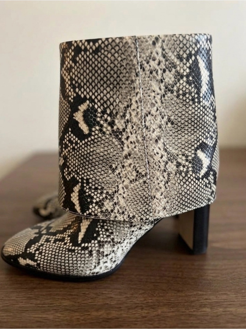 XOXO Snake-Print Foldover Ankle Boot - Black & Cream
